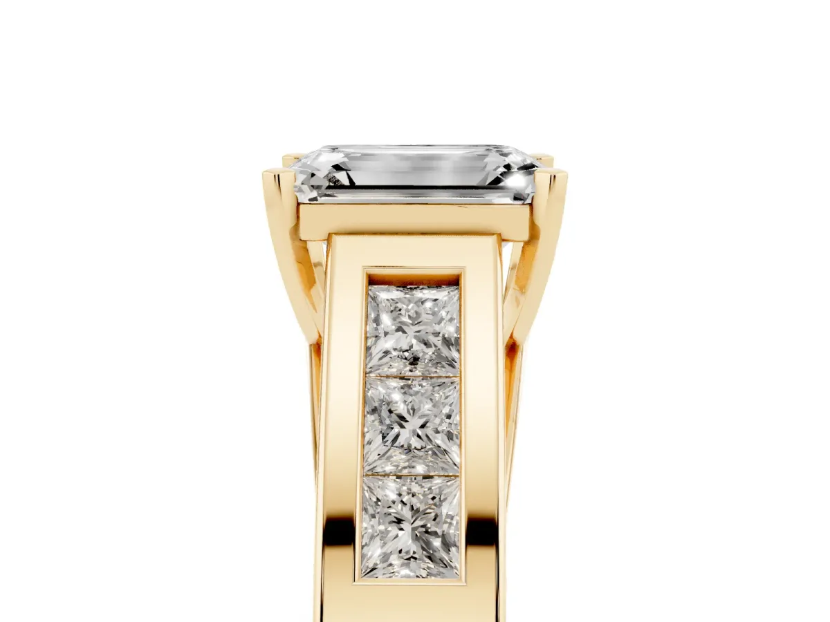 Emerald Cut Cut Channel Set Solitaire Ring with Four-Prong Setting Yellow gold