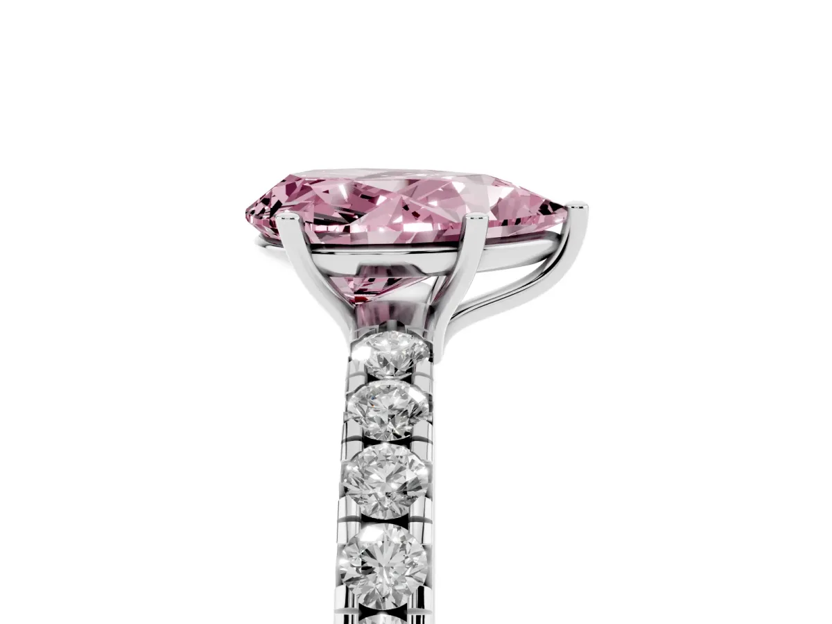Fancy Pink Pear Cut Diamond Pavé Solitaire Engagement Ring with Four-Prong Setting Platinum