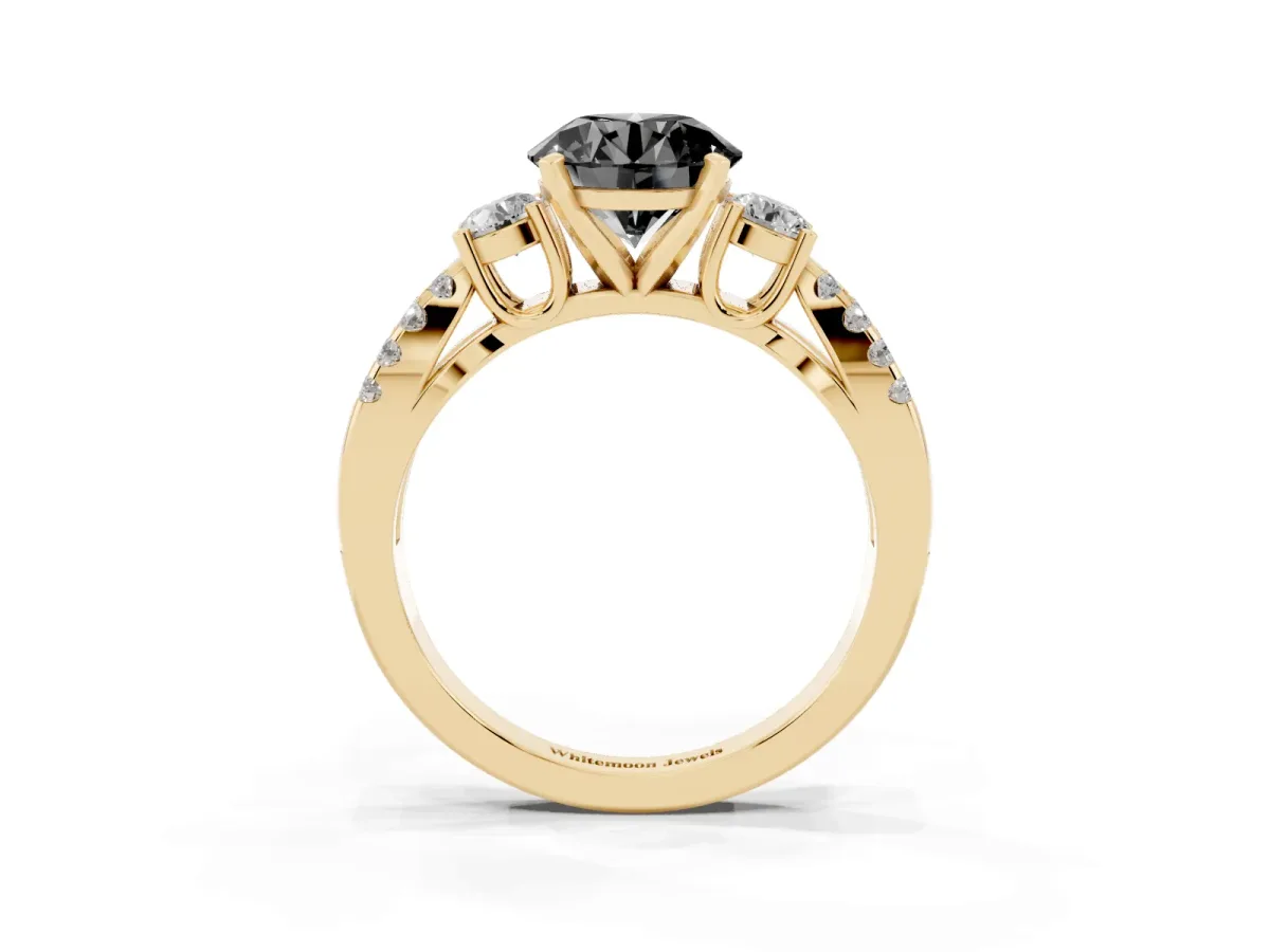 Fancy Black Round Cut Diamond Three-Stone Ring with Pavé Split Shank and Four-Prong Setting Yellow gold