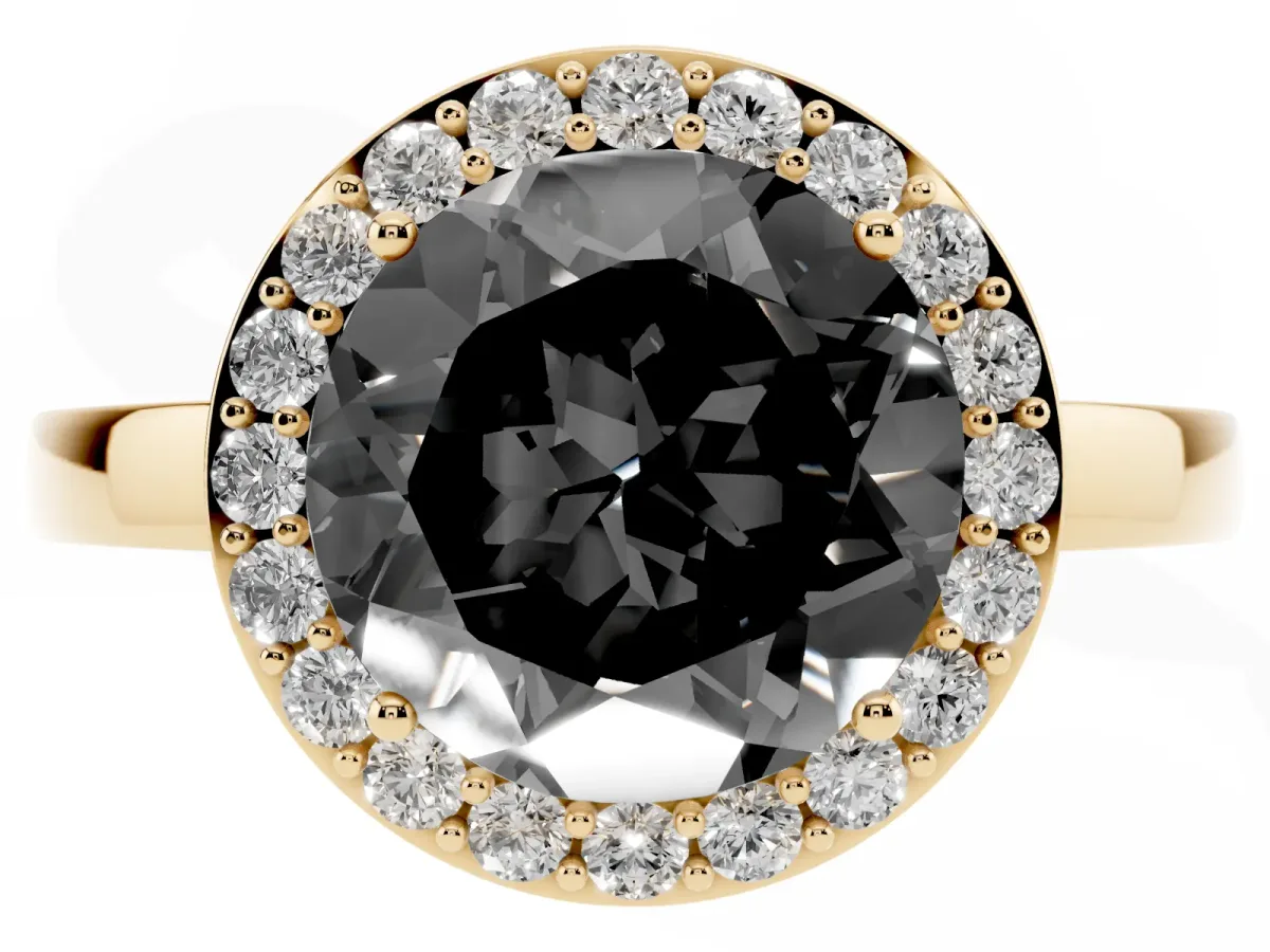 Fancy Black Round Cut Halo Diamond Ring with Solitaire Band and Prong Setting Yellow gold