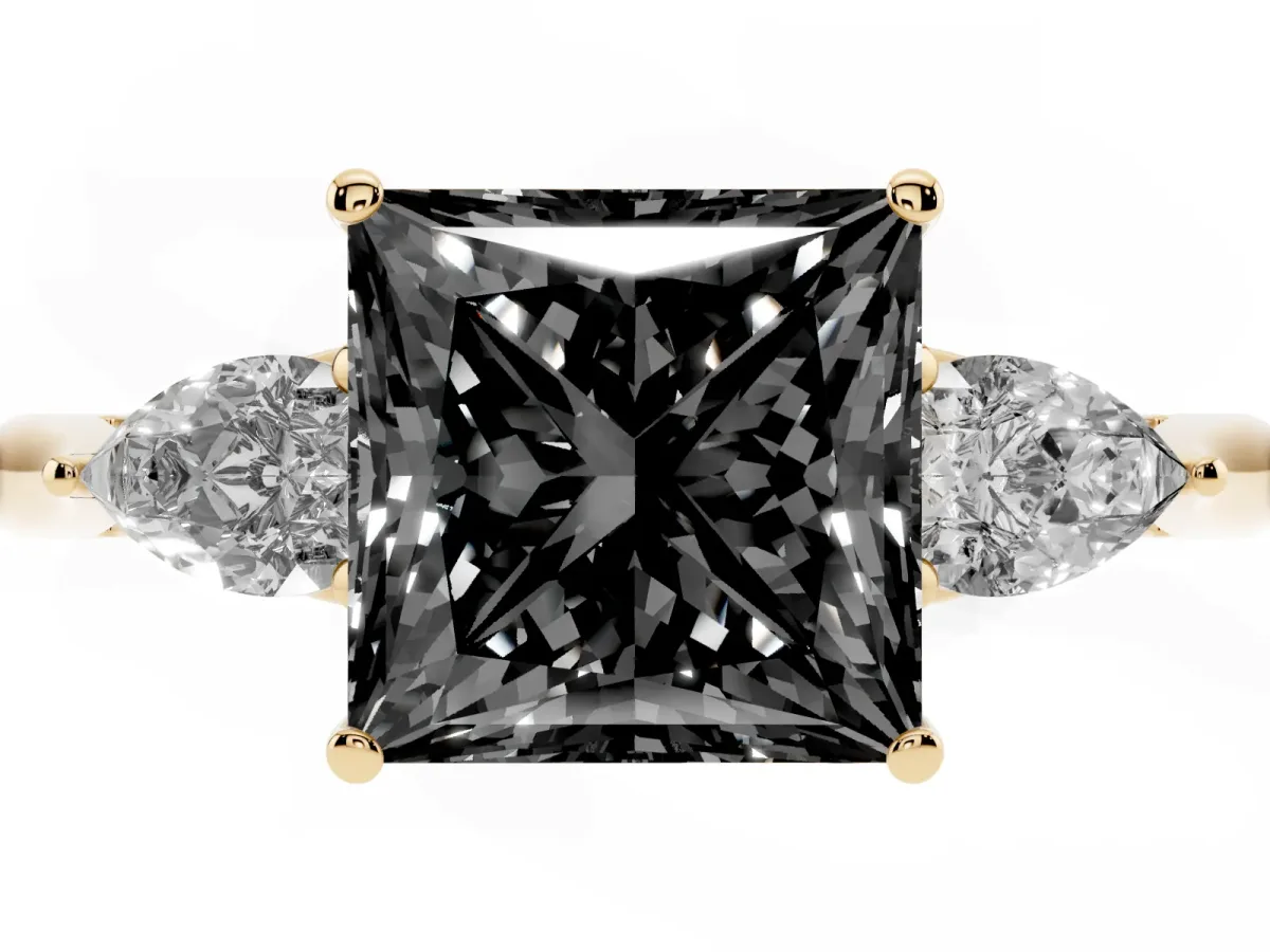 Fancy Black Princess Cut Diamond Three-Stone Ring with Pear Side Stones and Prong Setting Yellow gold