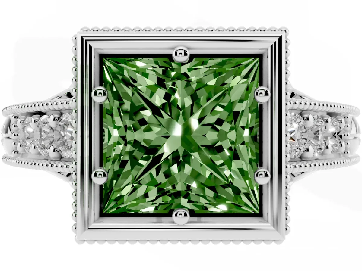 Fancy Green Bezel Set Princess Cut Diamond Milgrain Pave Engagement Ring Silver