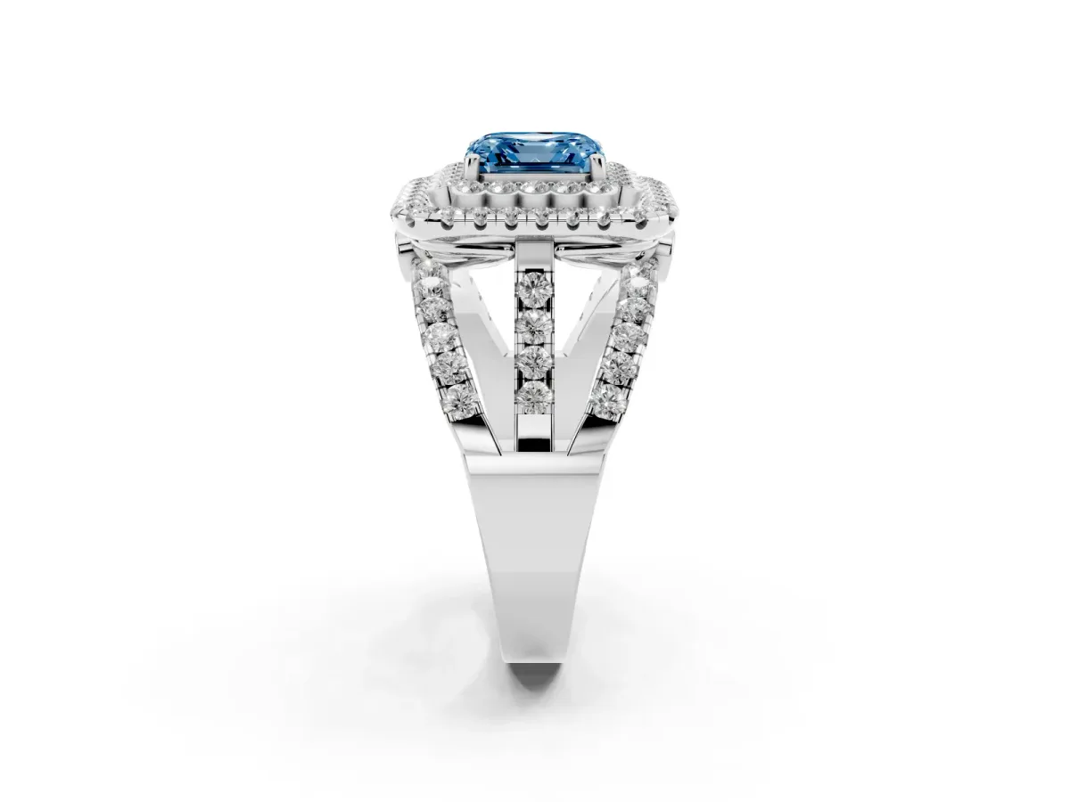 Fancy Blue Asscher Cut Diamond Double Halo Ring with Round Pavé Split Shank and Prong Setting Silver
