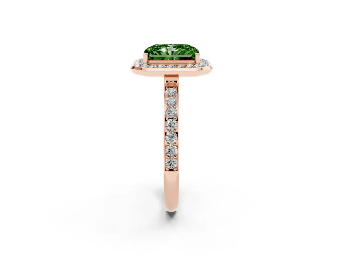 Fancy Green Radiant Cut Diamond Halo Ring with Bezel Frame and Pavé Band Rose gold