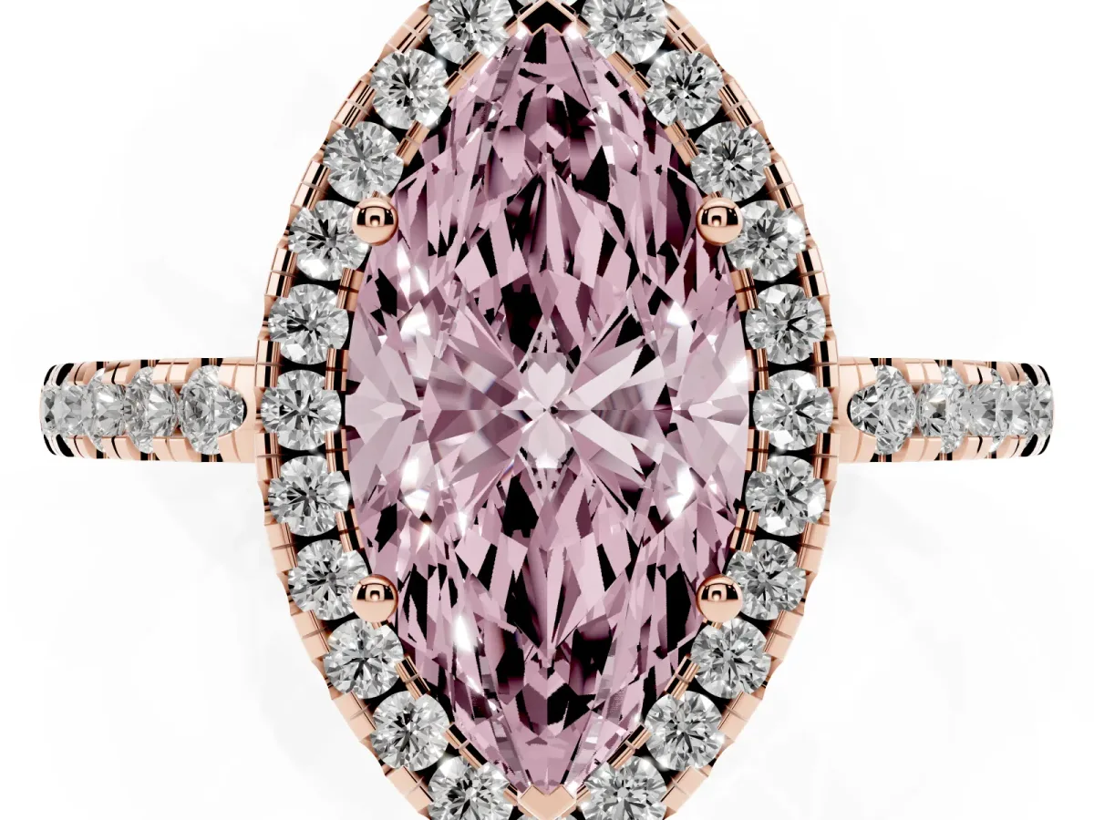 Fancy Pink Marquise Cut Halo Diamond Engagement Ring with Pavé Band and Four-Prong Setting Rose gold