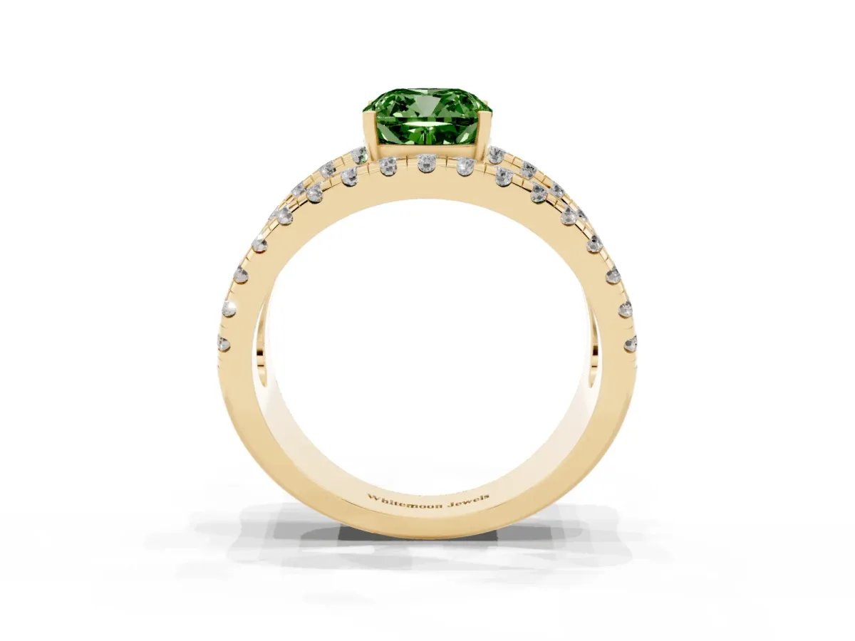 Fancy Green Cushion Cut Solitaire Split Shank Pave Diamond Ring Yellow gold