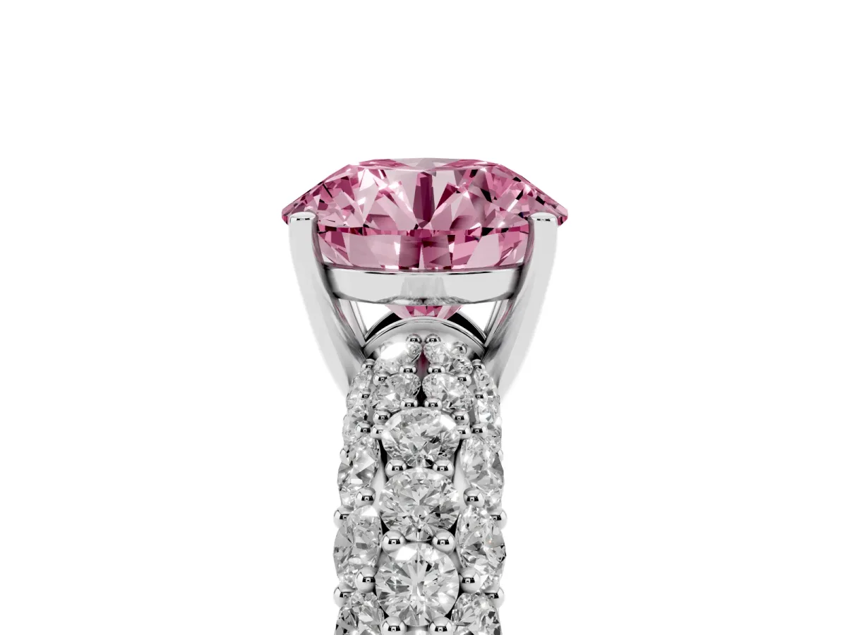 Fancy Pink Round Cut Diamond Pavé Band Solitaire Ring with Four-Prong Setting Silver