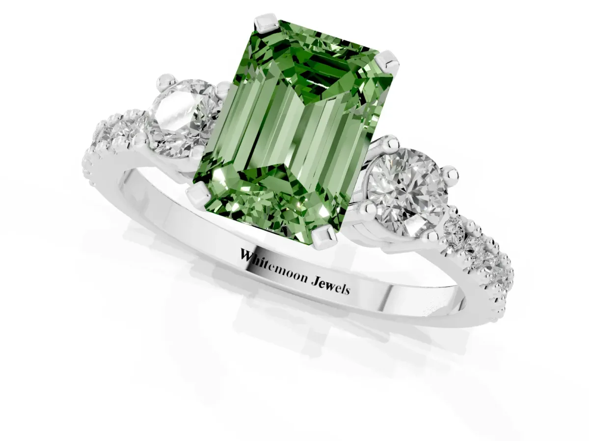 Fancy Green Emerald Cut Three-Stone Diamond Pavé Band with Prong Setting Platinum