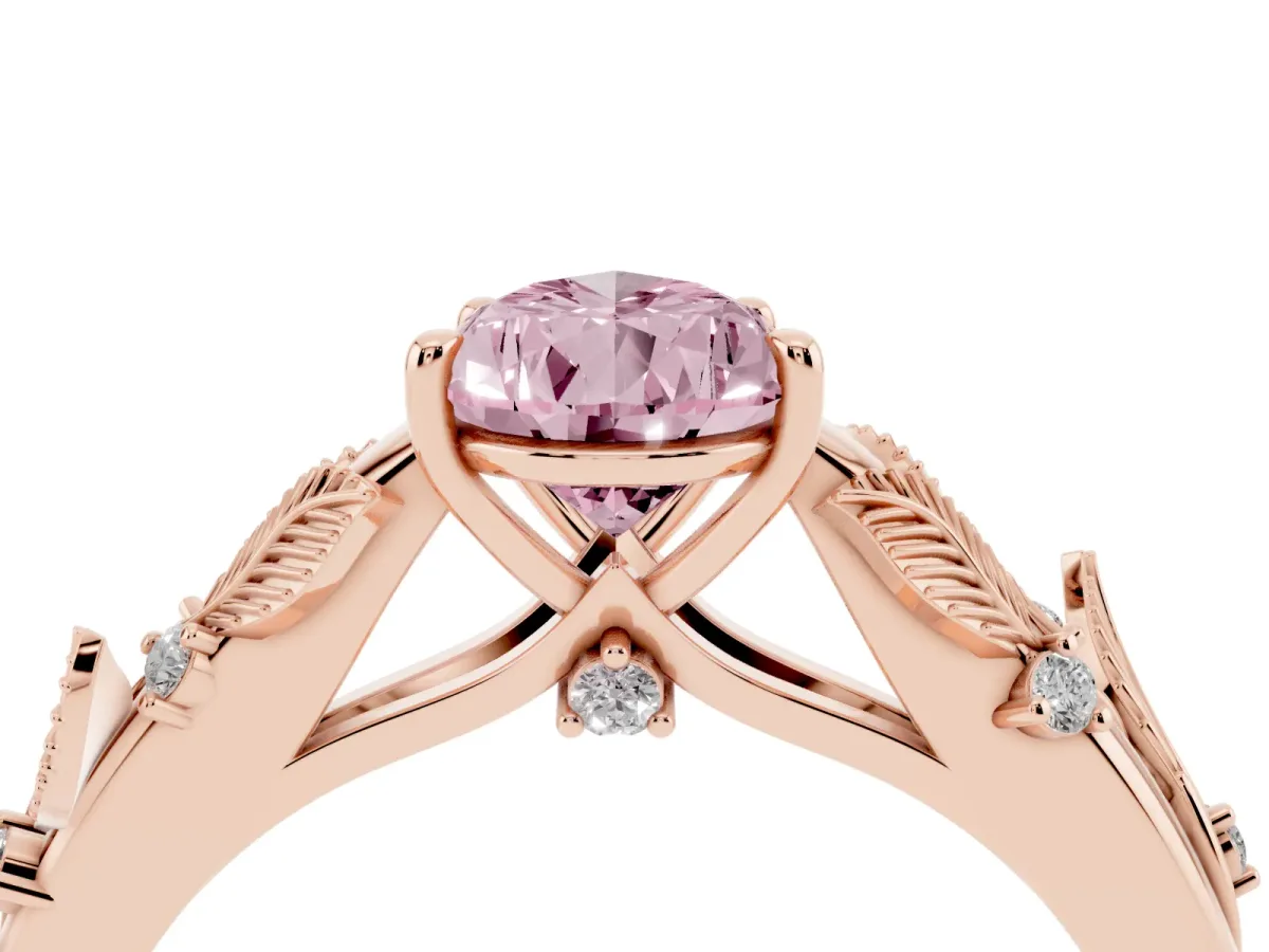 Fancy Pink Pear Cut Diamond Solitaire Ring with Leaf Motif Band and Four-Prong Setting Rose gold