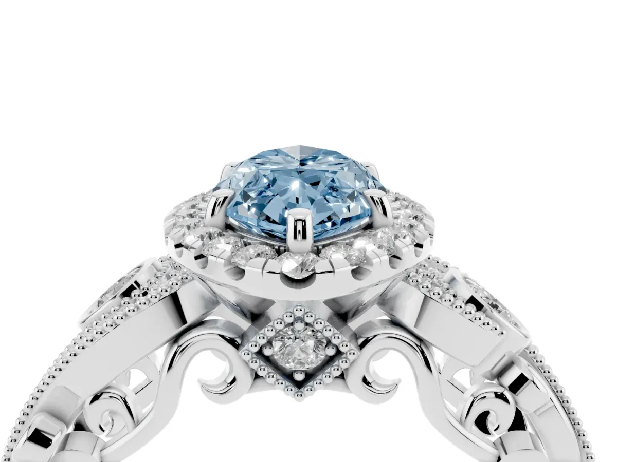 Fancy Blue Marquise Cut Halo Diamond Ring with Milgrain and Bezel Accents on a Split Shank Band White gold