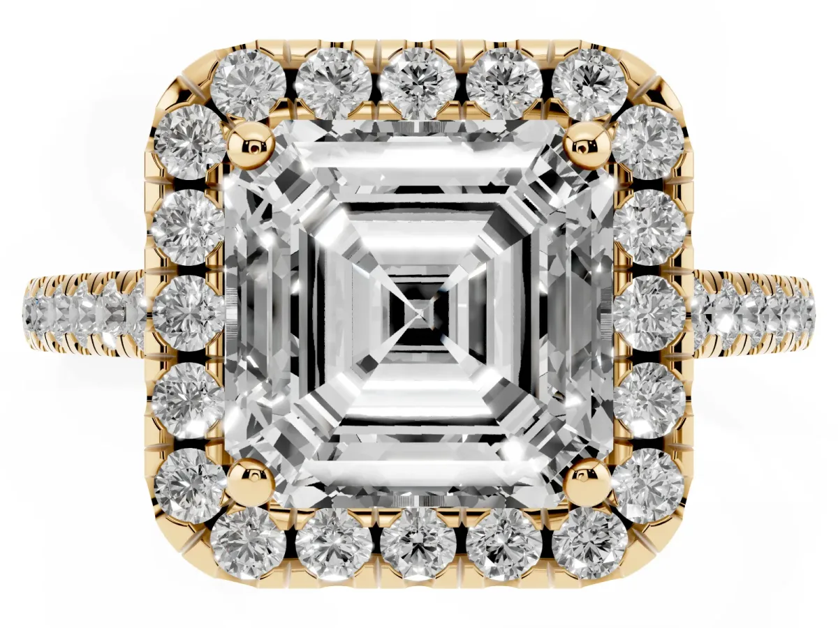 Asscher Cut Halo Pavé Diamond Engagement Ring with Four-Prong Setting Yellow gold