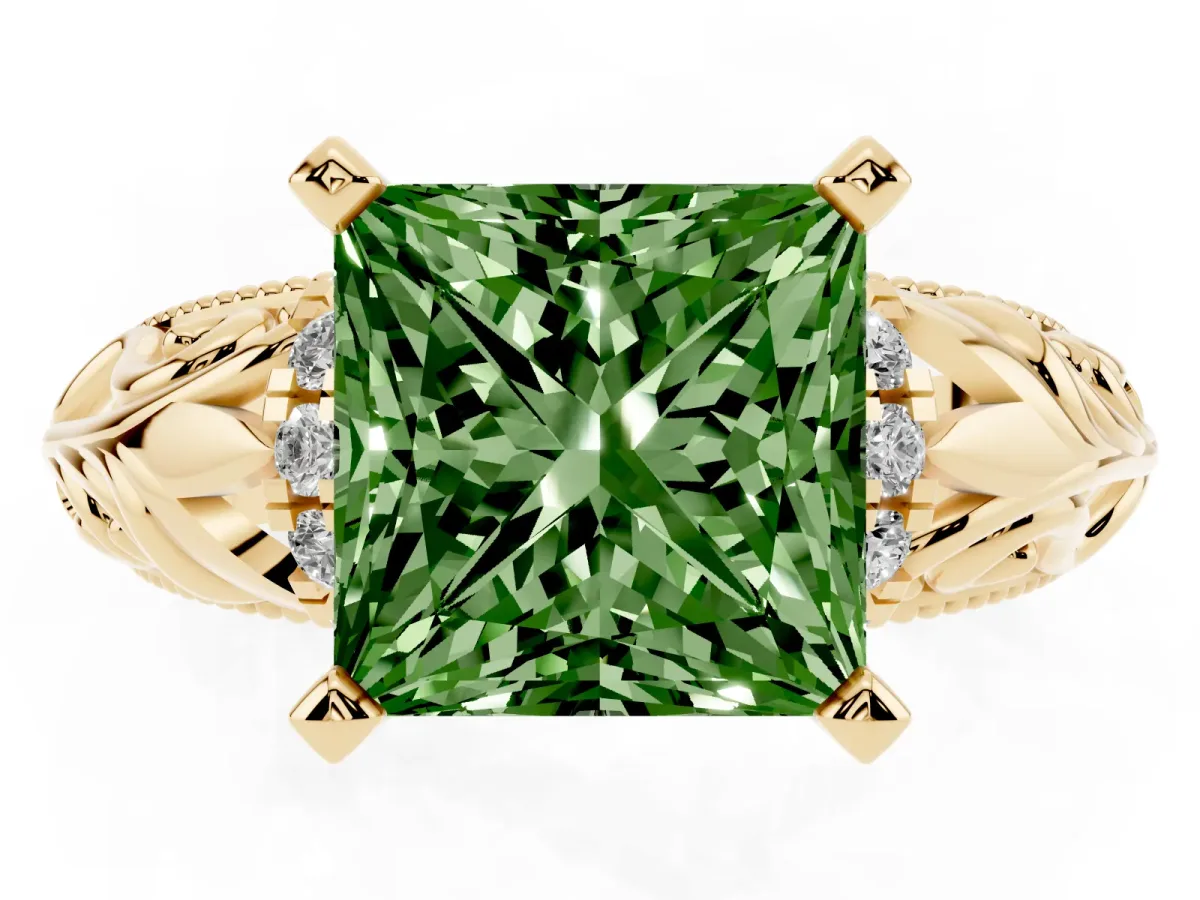 Fancy Green Princess Cut Solitaire Filigree Engagement Ring with Halo and Prong Setting Yellow gold