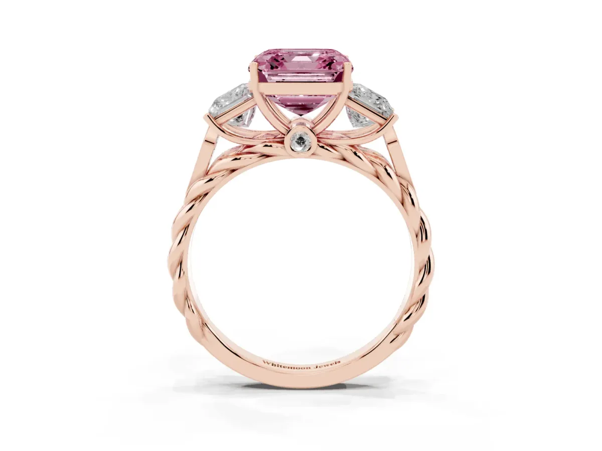 Fancy Pink Three-Stone Asscher Cut Diamond Braided Band Ring with Four-Prong Setting Rose gold