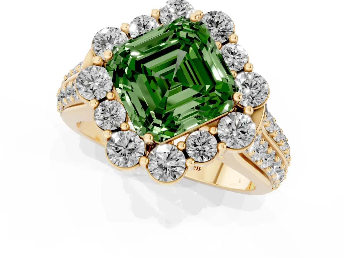 Fancy Green Asscher Cut Halo Diamond Engagement Ring with Split Shank and Prong Setting Yellow gold