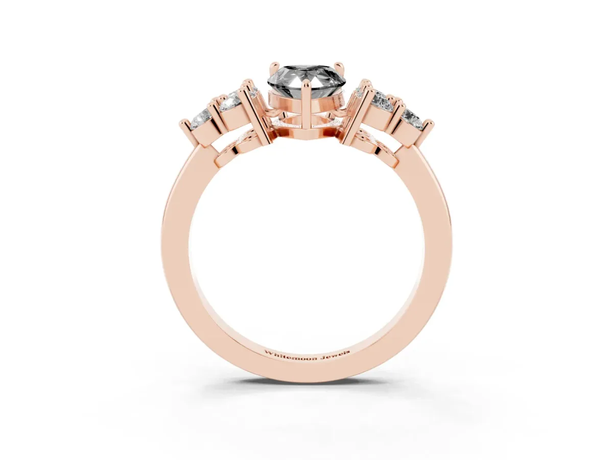 Fancy Black Pear Cut Brilliant Diamond Cluster Accent Solitaire Ring with Prong Setting Rose gold
