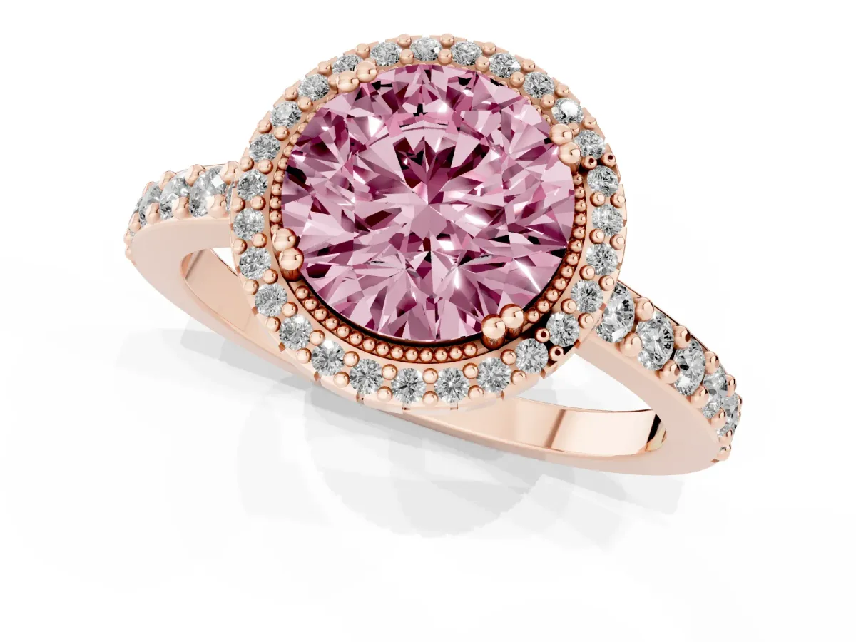 Fancy Pink Round Cut Cut Diamond Halo Engagement Ring with Milgrain Detail and Pavé Band Rose gold