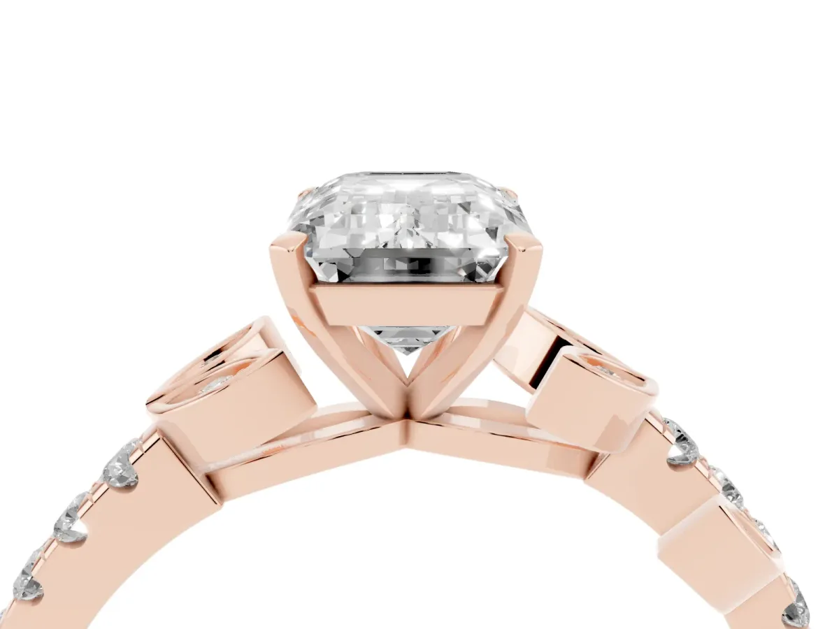 Emerald Cut Solitaire Leaf-Inspired Diamond Ring with Pavé Band and Four-Prong Setting Rose gold