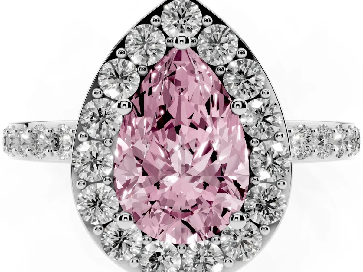 Fancy Pink Pear Cut Halo Diamond Pavé Band Ring with Prong Setting Silver