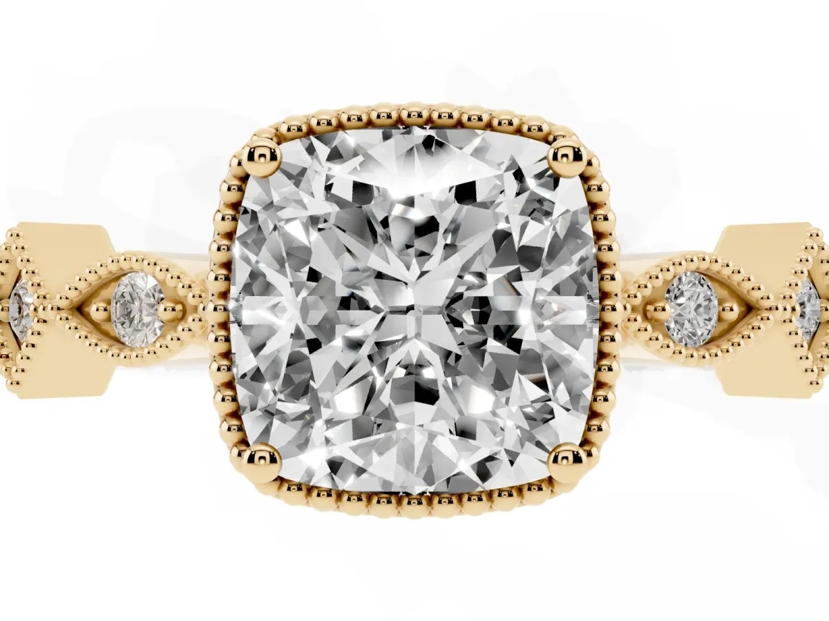 Cushion Cut Milgrain Marquise Diamond Twist Band Ring Yellow gold