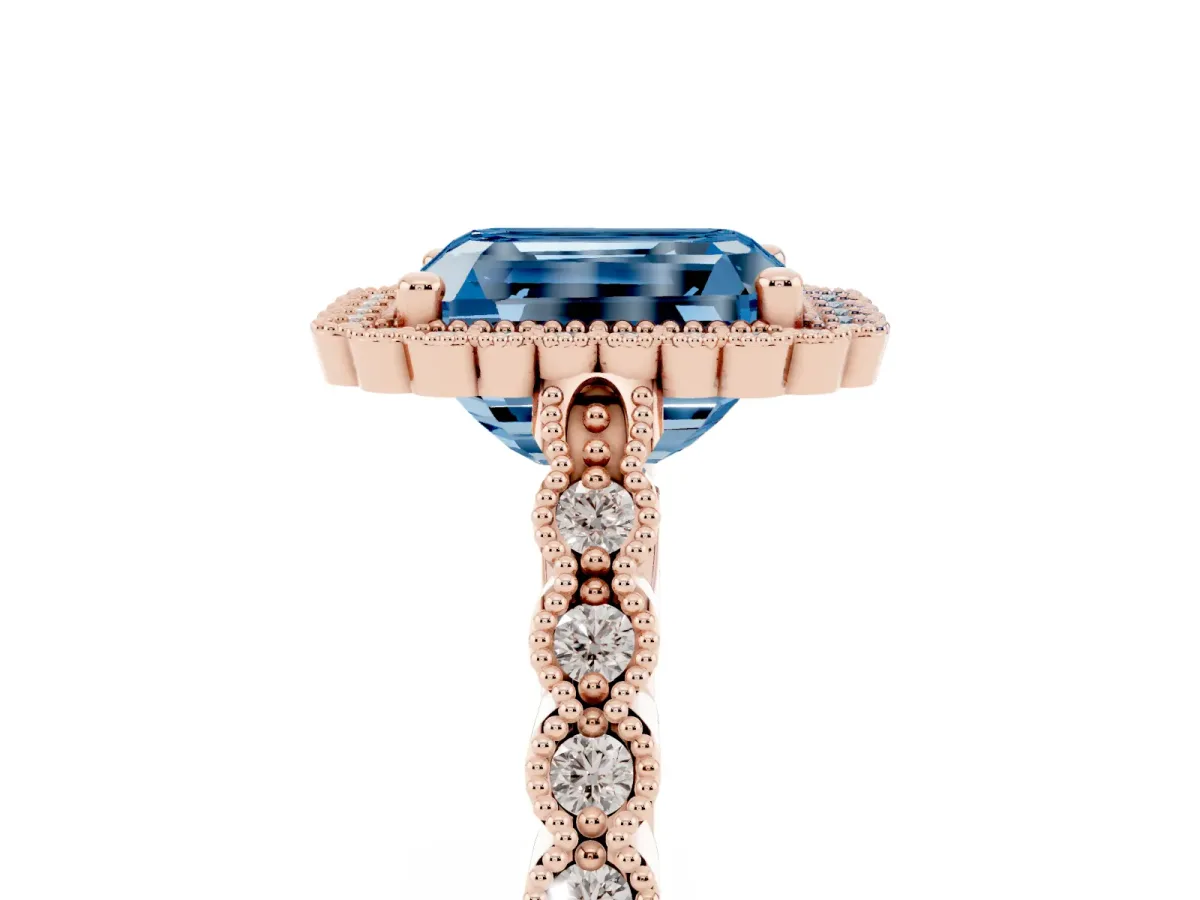 Fancy Blue Radiant Cut Cut Halo Pavé Solitaire Ring with Milgrain Band Rose gold