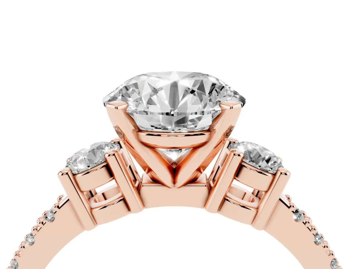 Round Cut Three-Stone Diamond Pavé Band with Prong Setting Rose gold