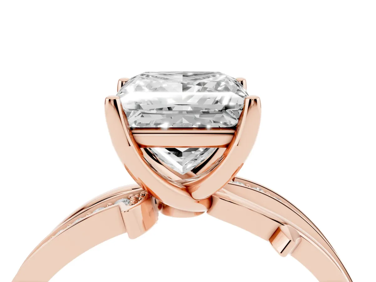 Princess Cut Solitaire Twist Band with Pavé Accents and Four-Prong Setting Rose gold