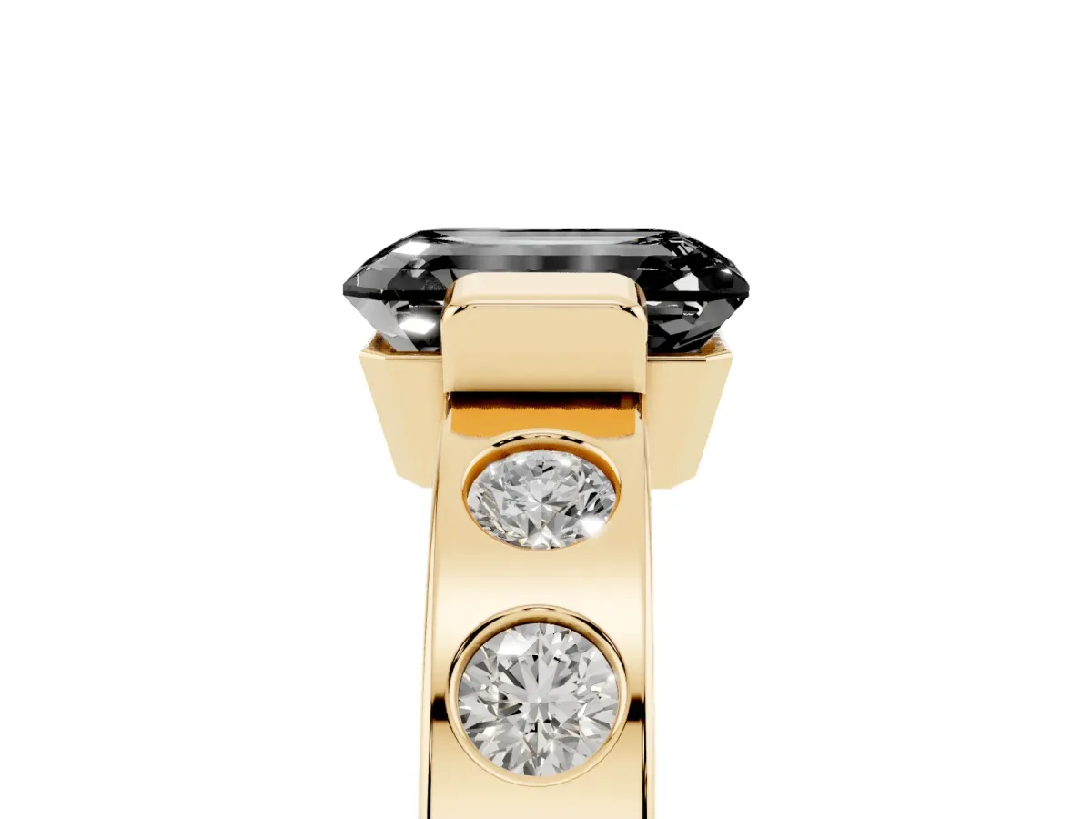 Fancy Black Emerald Cut Brilliant Channel-Set Diamond Ring with Bezel Prong Setting Yellow gold