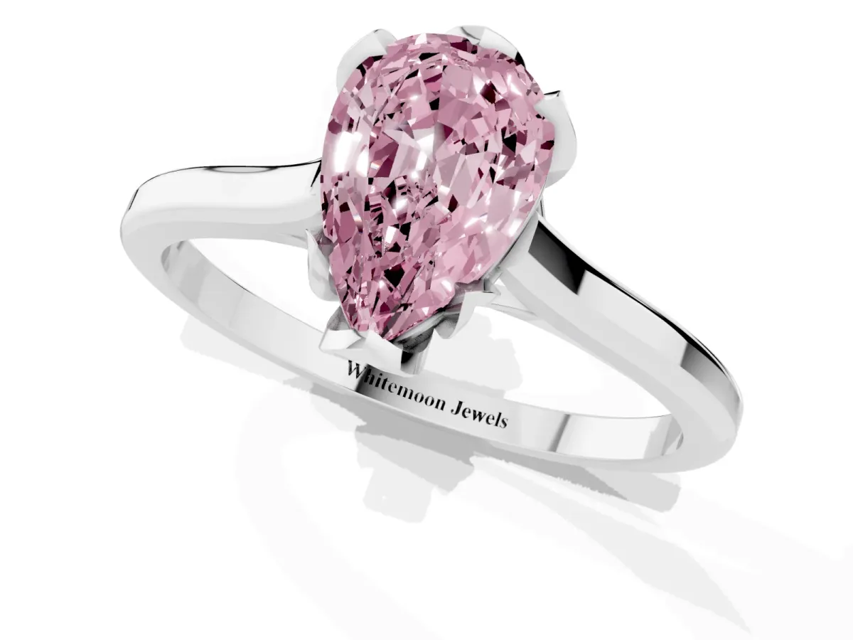 Fancy Pink Pear Cut Diamond Solitaire Ring with Flower Prong Setting and Classic Band Silver