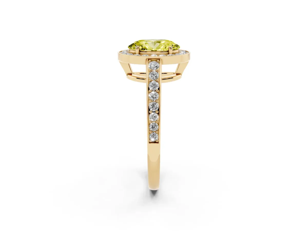 Fancy Yellow Oval Cut Halo Pavé Diamond Engagement Ring with Bezel Setting Yellow gold