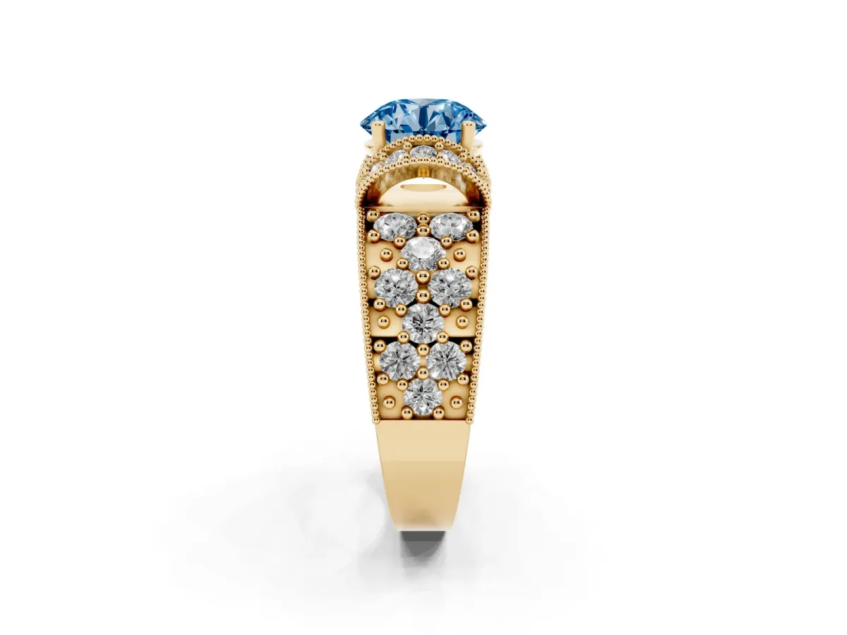 Fancy Blue Round Cut Halo Pave Diamond Engagement Ring with Milgrain Detailing Yellow gold