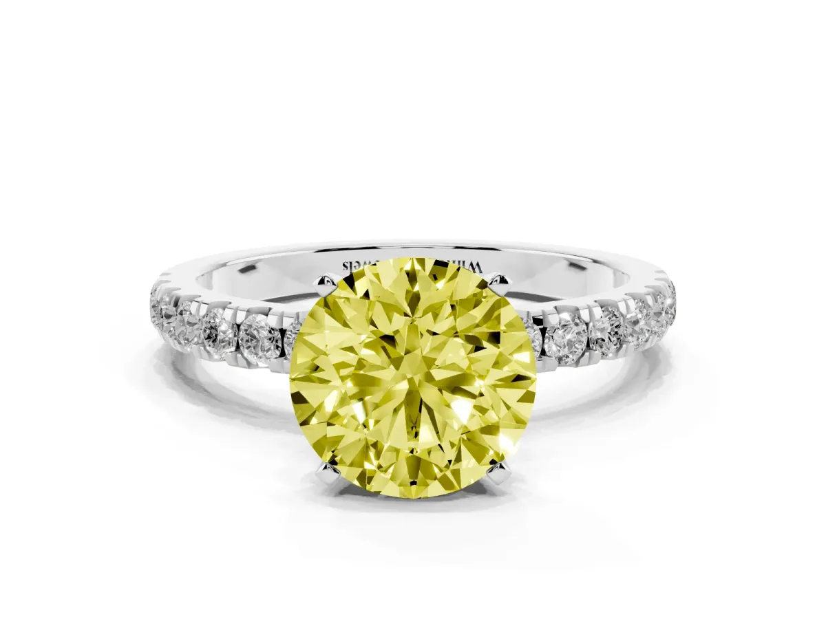 Fancy Yellow Round Cut Diamond Solitaire Ring with Pavé Accents and Four-Prong Setting Silver