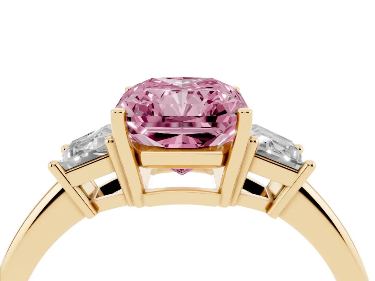 Fancy Pink Radiant Cut Diamond Three-Stone Ring with Trapezoid Side Stones and Prong Setting Yellow gold