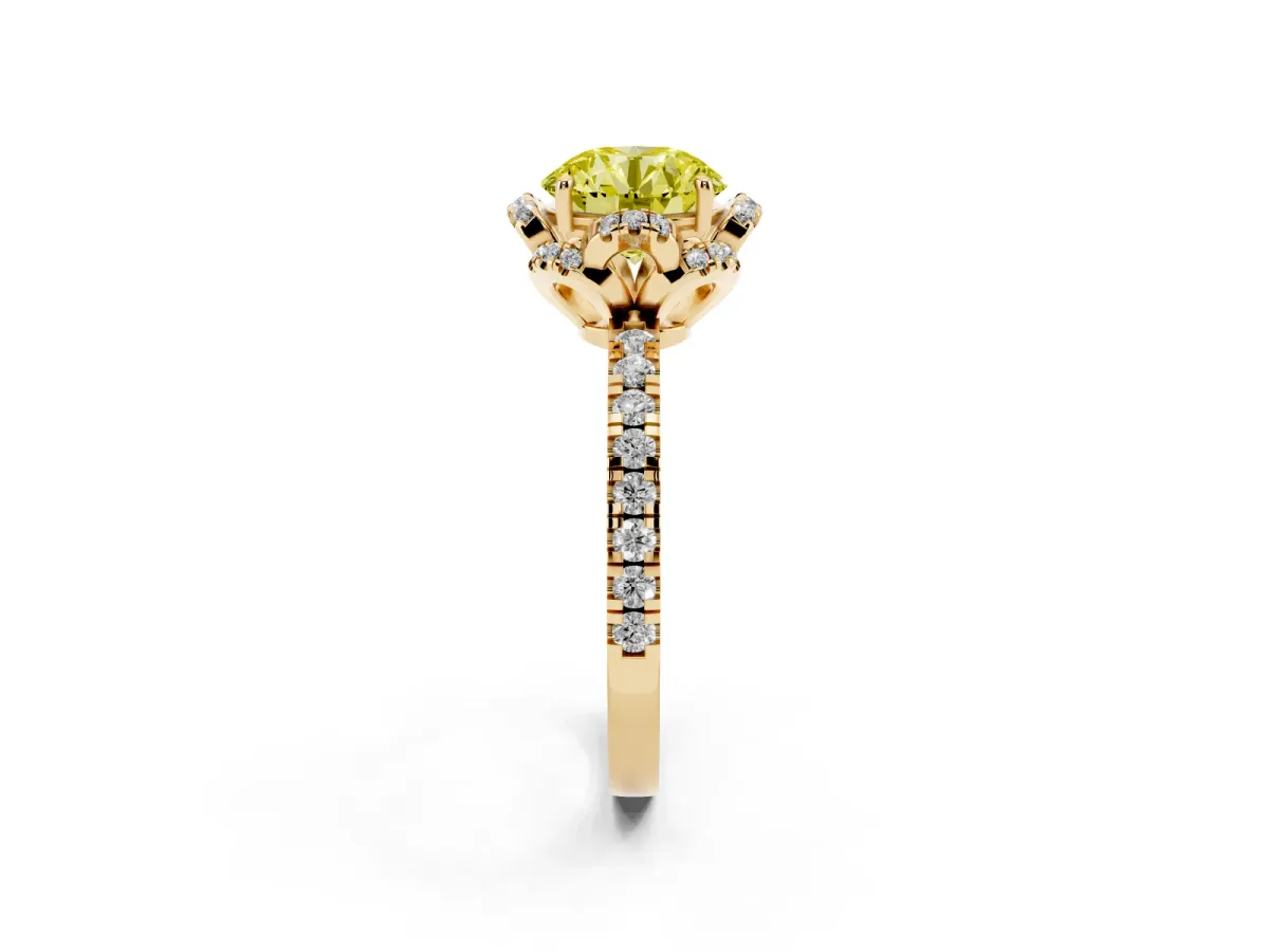Fancy Yellow Round Cut Diamond Halo Pave Band with Four-Prong Setting Yellow gold