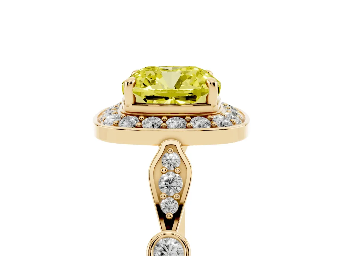 Fancy Yellow Cushion Cut Halo Diamond Engagement Ring with Twisted Band and Four-Prong Setting Yellow gold