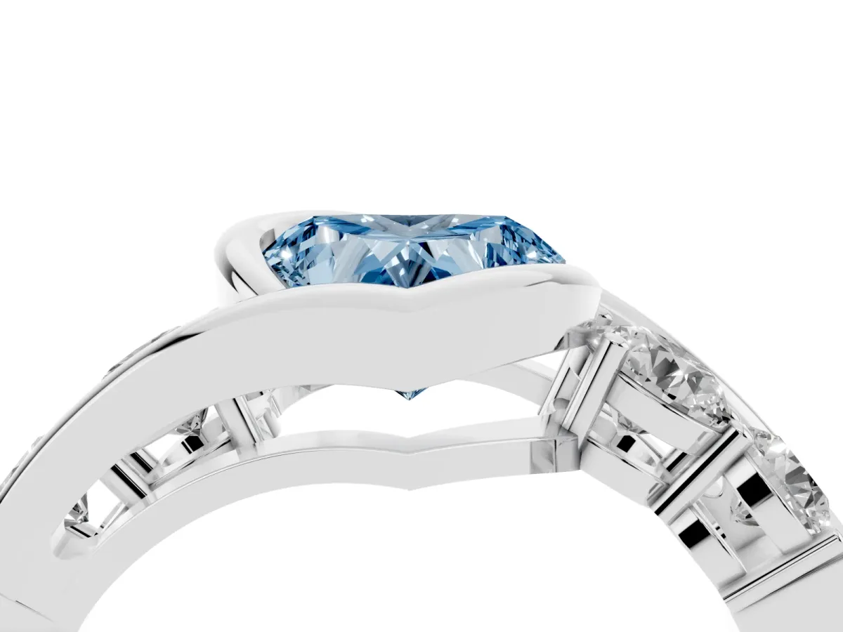 Fancy Blue Bezel Set Heart Cut Diamond Bypass Ring with Round Accents Platinum