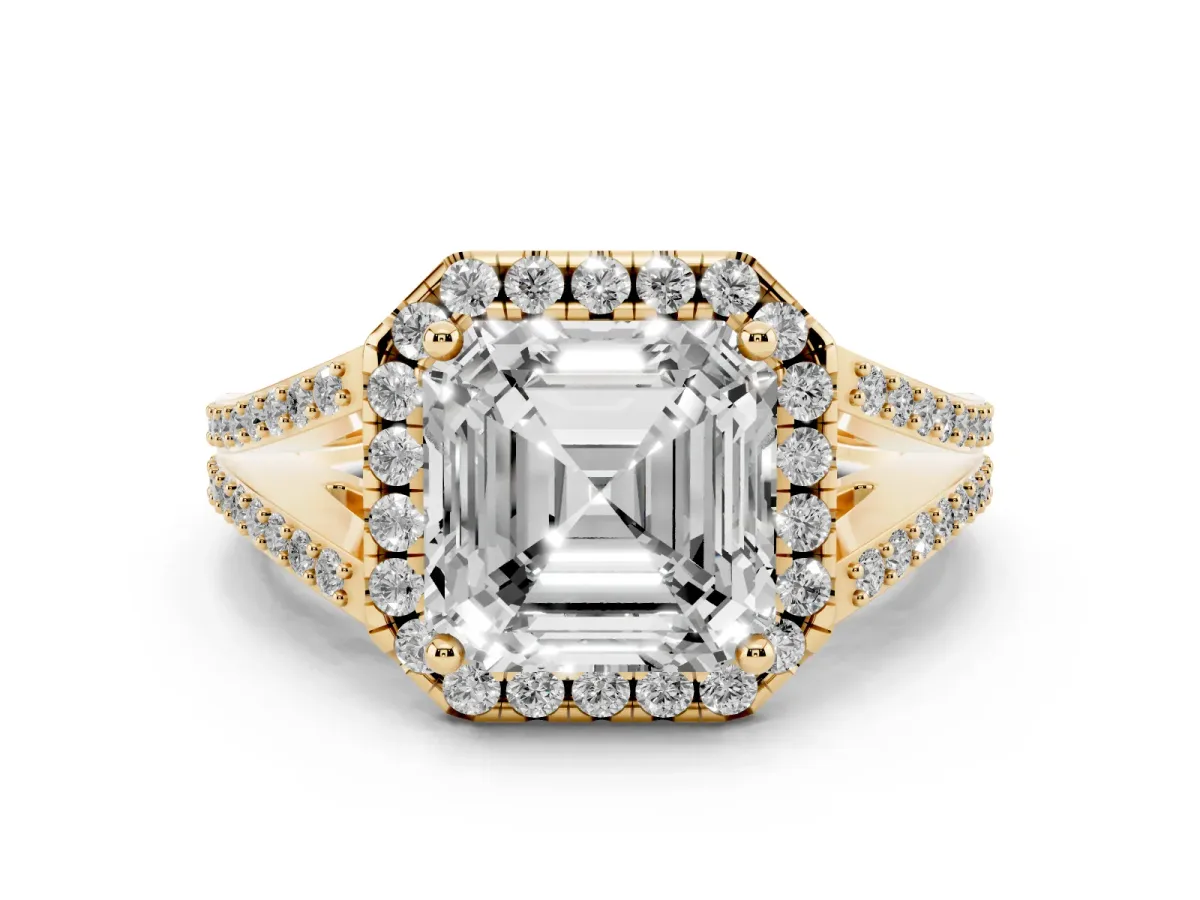 Asscher Cut Halo Split Shank Diamond Ring with Prong Setting Yellow gold