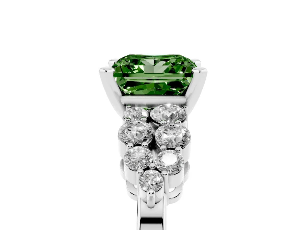 Fancy Green Princess Cut Cluster Diamond Engagement Ring with Pavé Band and Four-Prong Setting Platinum