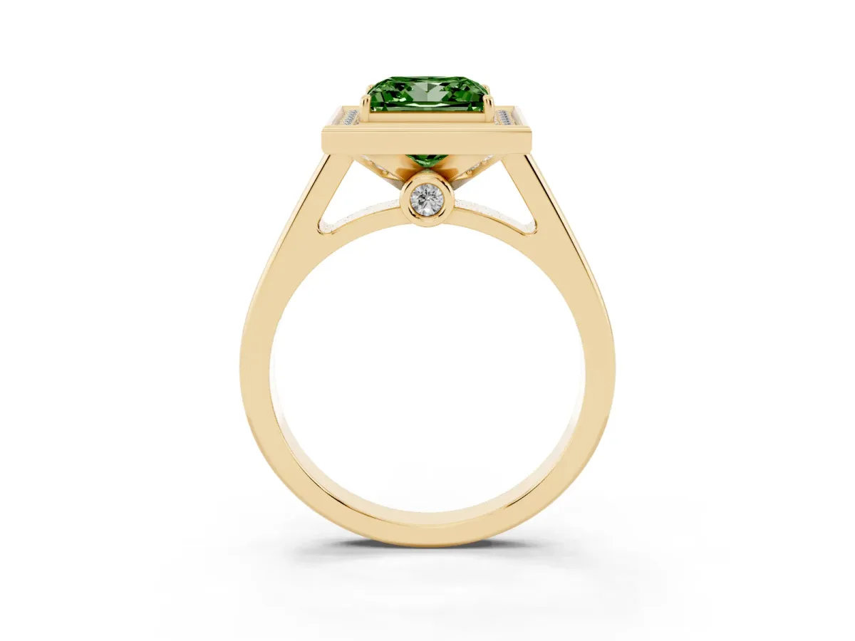 Fancy Green Princess Cut Halo Solitaire Diamond Ring with Pave Band and Bezel Setting Yellow gold