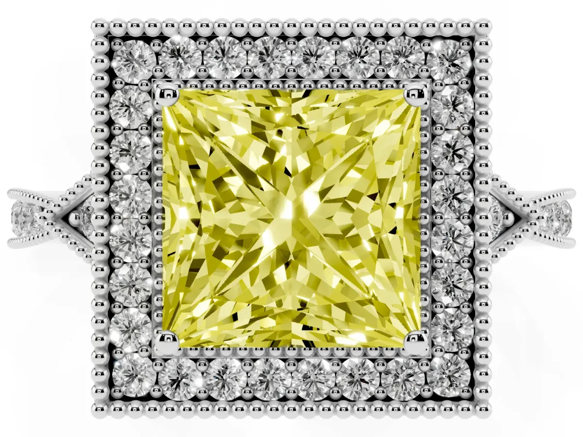 Fancy Yellow Princess Cut Halo Round Diamond Milgrain Pave Engagement Ring Platinum