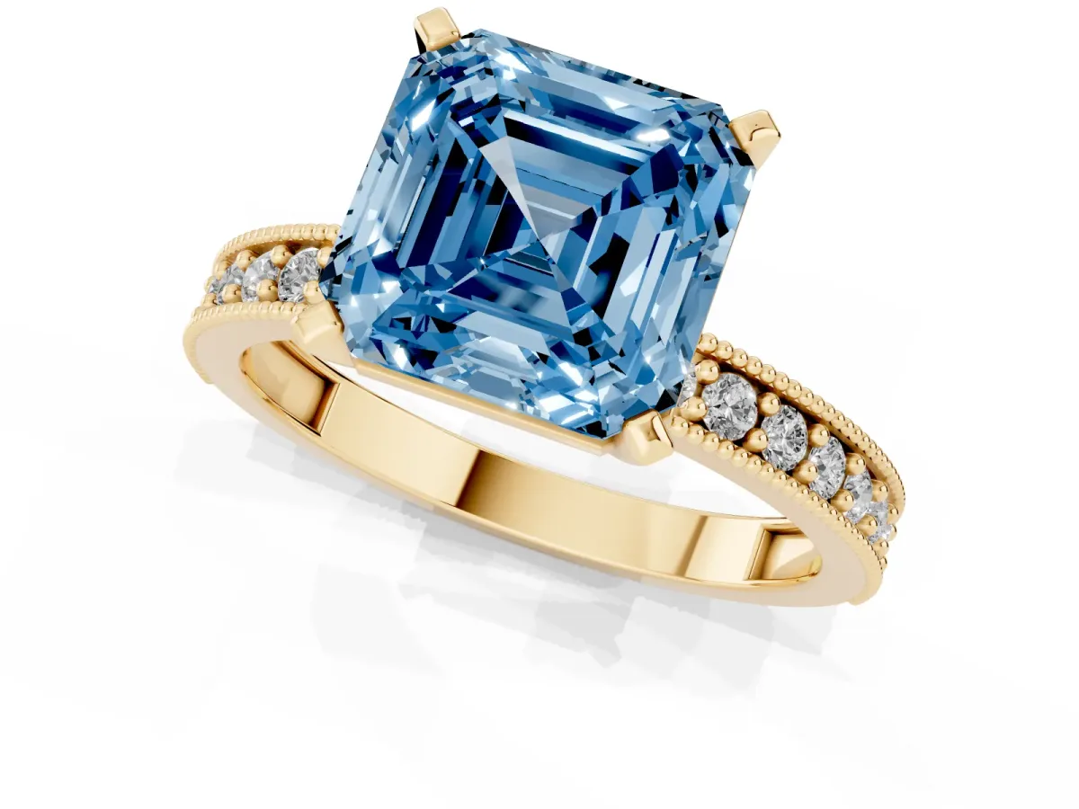 Fancy Blue Asscher Cut Diamond Milgrain Pavé Engagement Ring with Four-Prong Setting Yellow gold