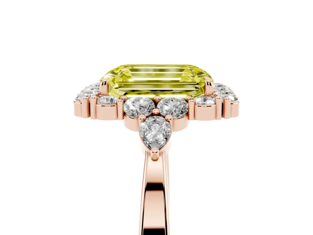 Fancy Yellow Emerald Cut Diamond Halo Ring with Pear Side Stones and Prong Setting Rose gold