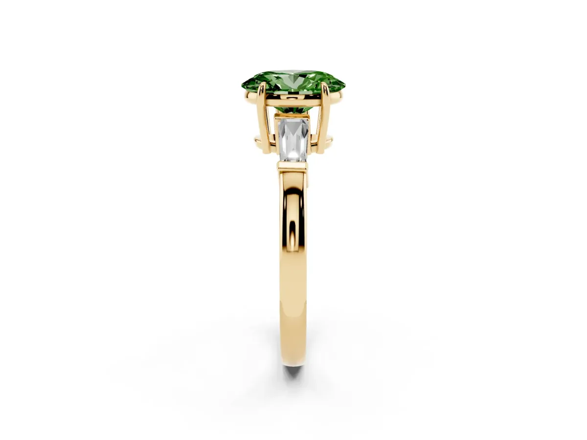 Fancy Green Oval Cut Diamond Three-Stone Ring with Tapered Baguette Side Stones and Prong Setting Yellow gold