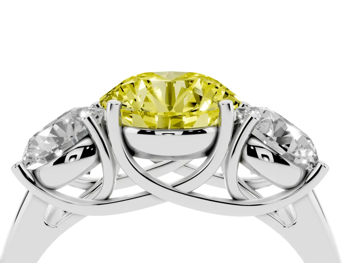 Fancy Yellow Three-Stone Round Cut Diamond Engagement Ring with Prong Setting Platinum