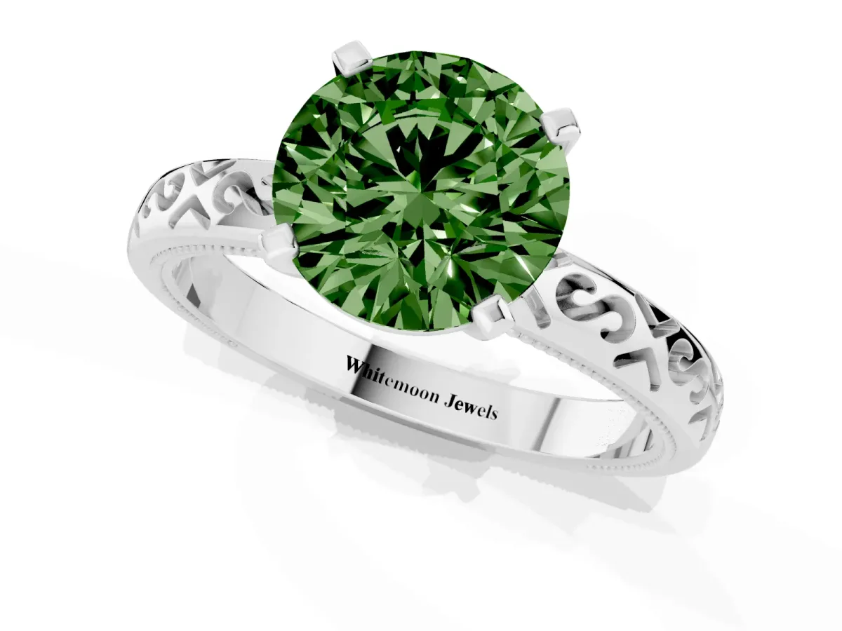 Fancy Green Round Cut Solitaire Engagement Ring with Scrollwork Band and Four-Prong Setting Silver