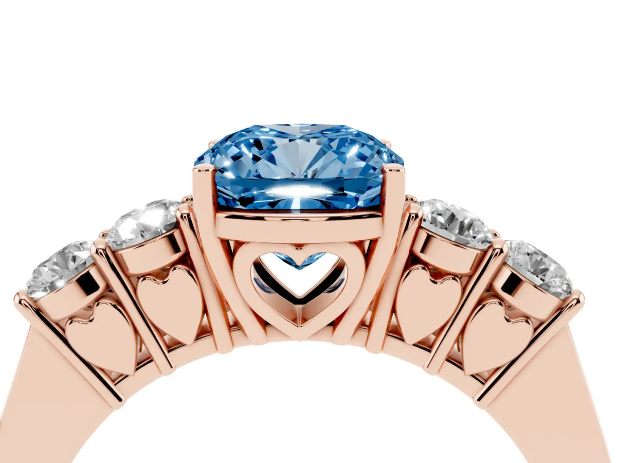 Fancy Blue Cushion Cut Cut Diamond Five-Stone Prong Set White Gold Ring Rose gold