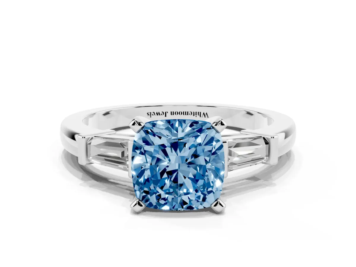 Fancy Blue Cushion Cut Cut Diamond Solitaire Ring with Tapered Baguette Accents and Four-Prong Setting Silver