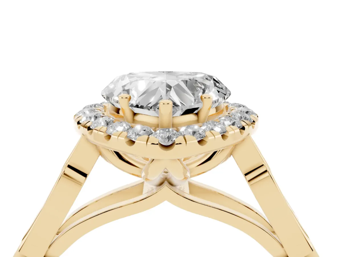 Heart Cut Halo Diamond Engagement Ring with Filigree Band and Four-Prong Setting Yellow gold