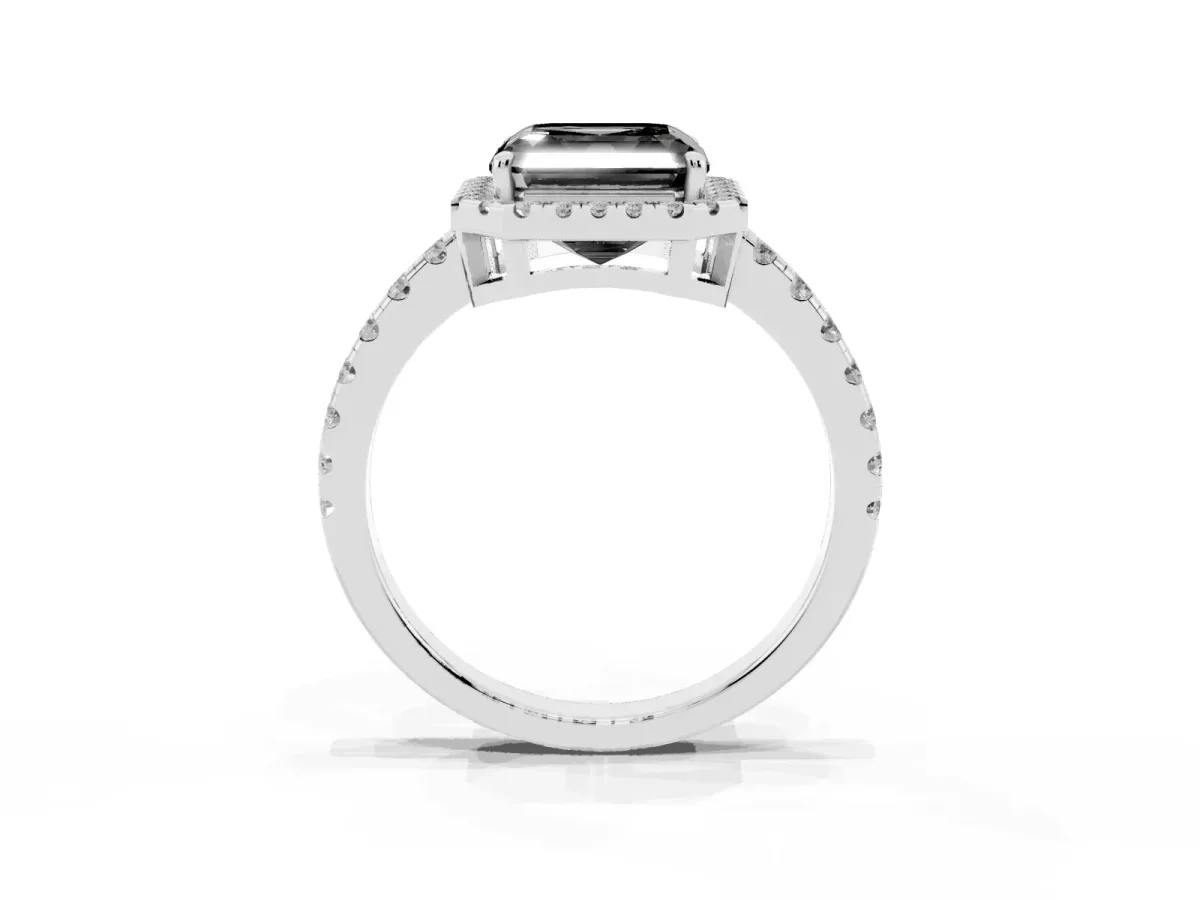 Fancy Black Asscher Cut Diamond Halo Ring with Pavé Band and Four-Prong Setting Silver