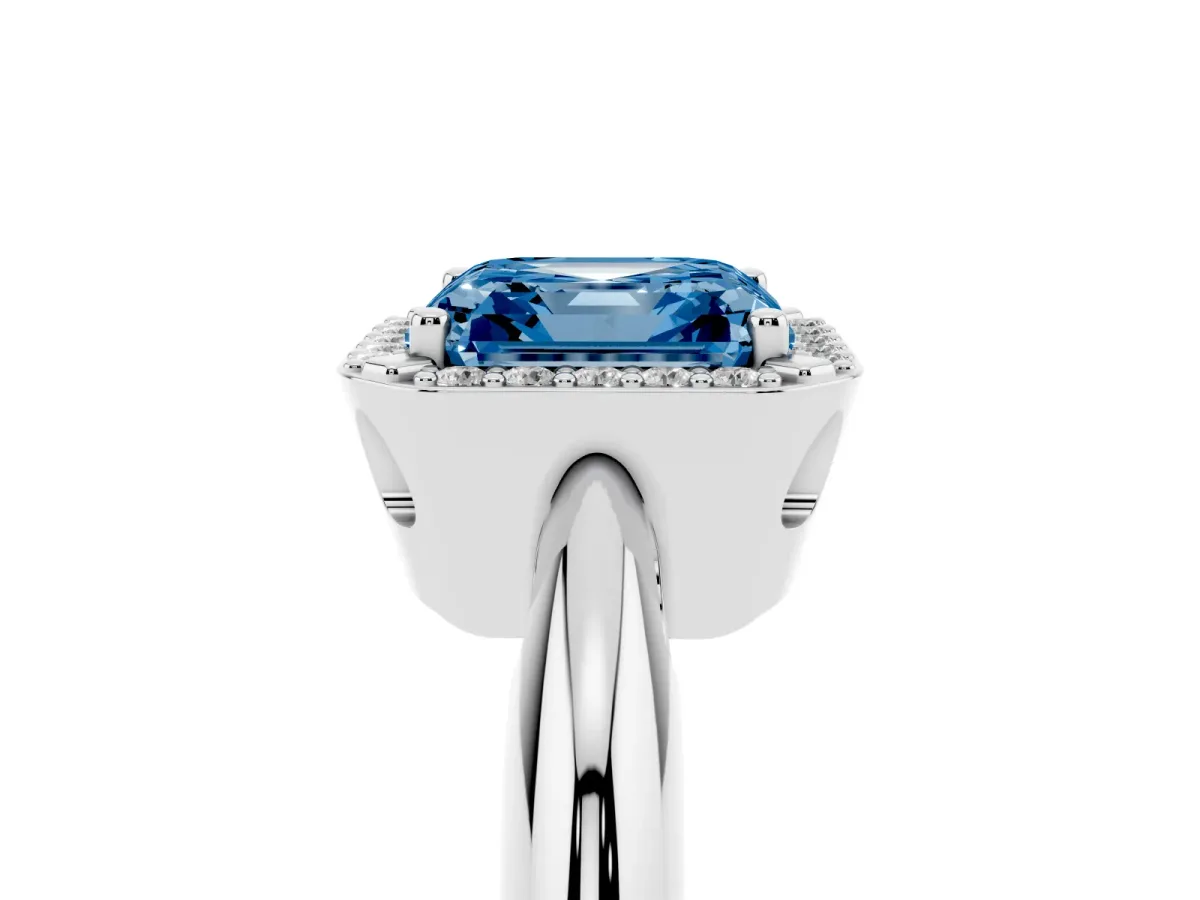 Fancy Blue Asscher Cut Cut Diamond Halo Engagement Ring with Split Shank and Four-Prong Setting Platinum