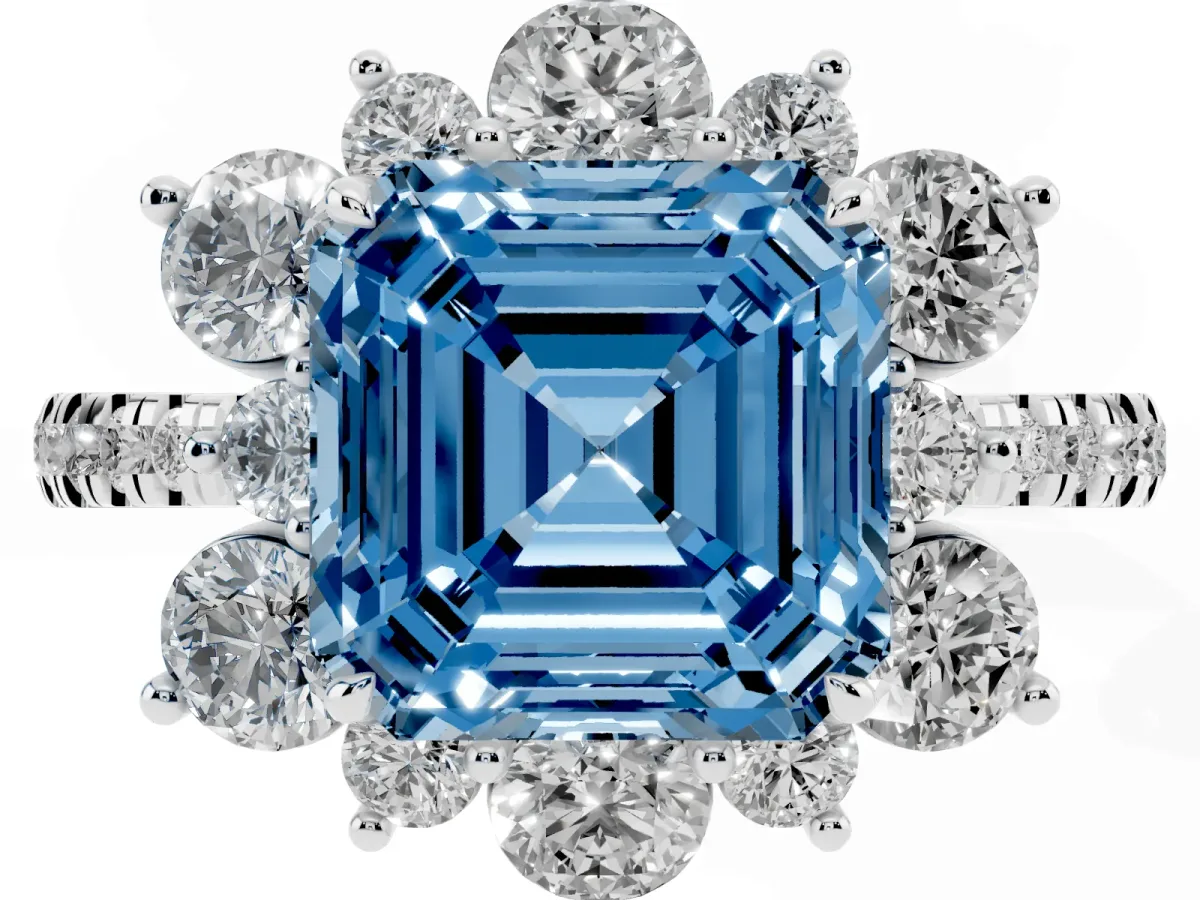 Fancy Blue Asscher Cut Diamond Floral Halo Ring with Round Pavé Band and Prong Setting Platinum